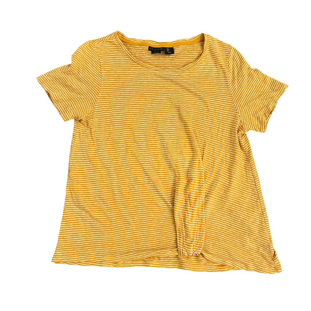 Tahari Womens top‎ size large Yellow Striped 100% Linen Front Twist Knot T-Shirt